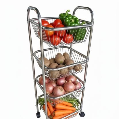 স্টেইনলেস স্টিল ৪-স্তর ফল ও সবজি ট্রলি - চাকা সহ